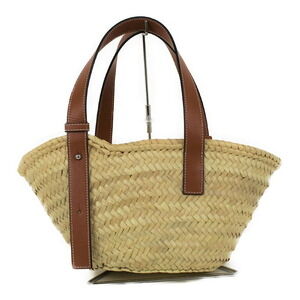 Loewe Basket Bag Brown White Leather Raffia Handbag Tote